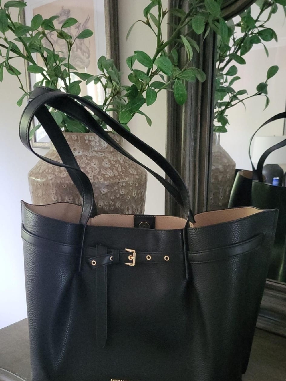 Michael Kors Black Pebbled Leather Tote with Gold Buckle Accent